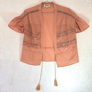 Pale Orange Open Front Embroidered Lace Flutter Sleeve Top Tassels Peplum Cut